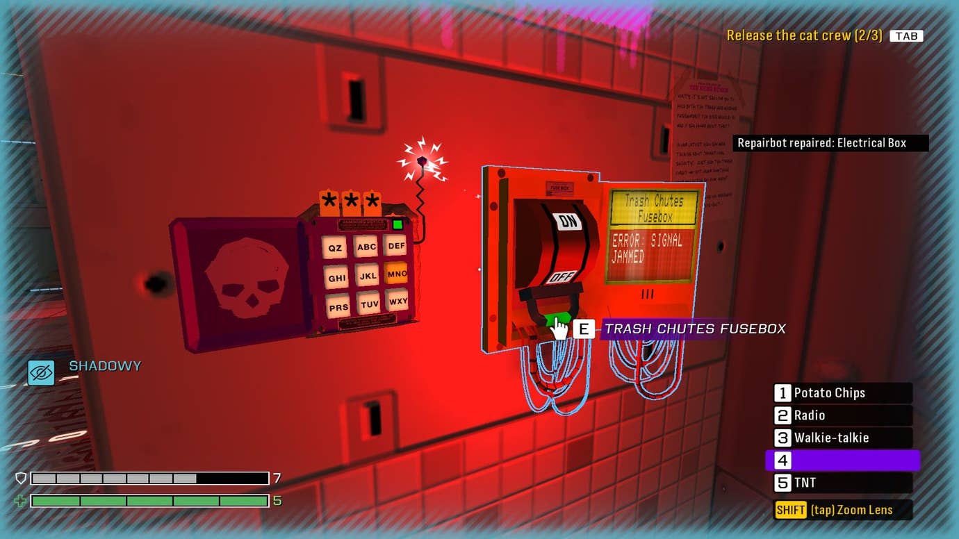 The player looks at a keypad glowing red which is locking access to a lever.